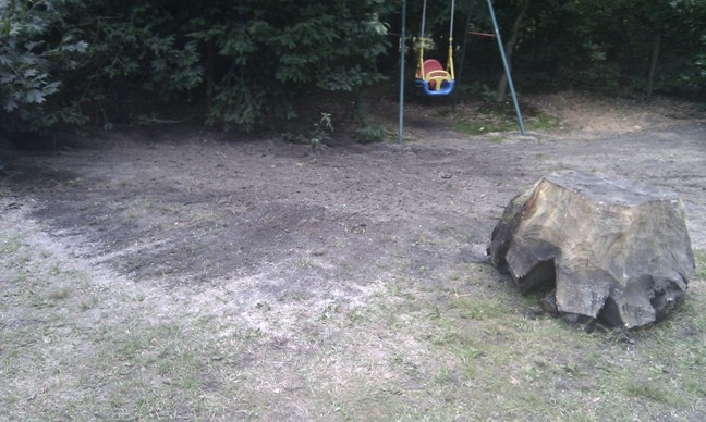 Stronk in voortuin bij schommel weg en klaar
